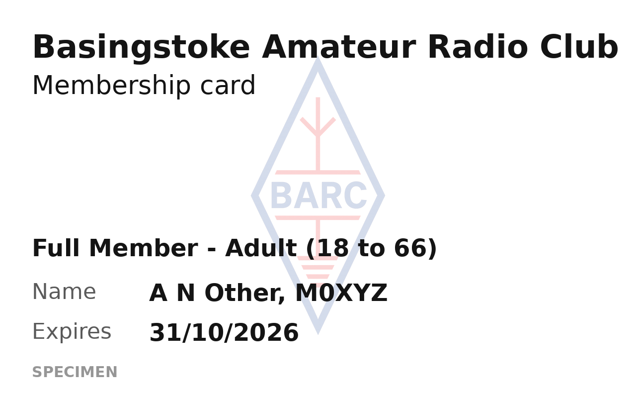 Example digital membership card showing member class, name and expiry date